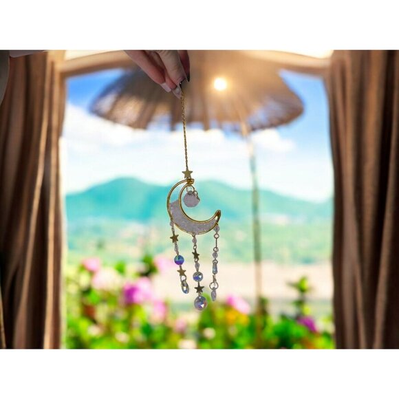Celestial Crescent Moon Crystal Suncatcher 13.4” x 2.75” Window Prism - Picture 6 of 10